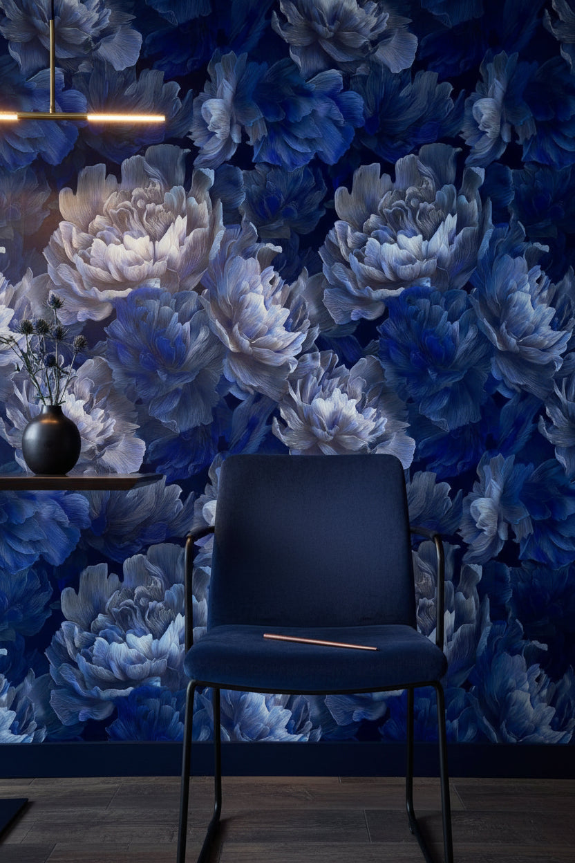 Midnight Blue Peony Floral Wallpaper