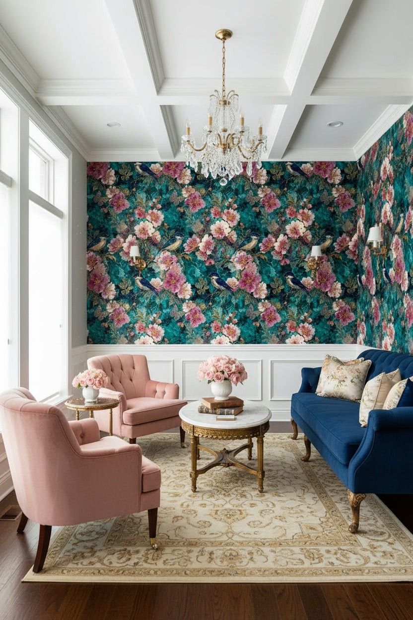 Teal and Blush Vintage Bird Floral Wallpaper