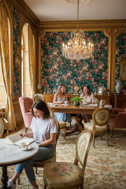 Teal and Blush Vintage Bird Floral Wallpaper