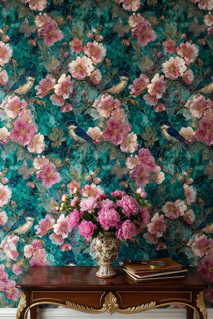 Teal and Blush Vintage Bird Floral Wallpaper