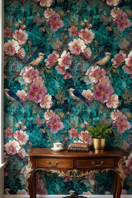 Teal and Blush Vintage Bird Floral Wallpaper