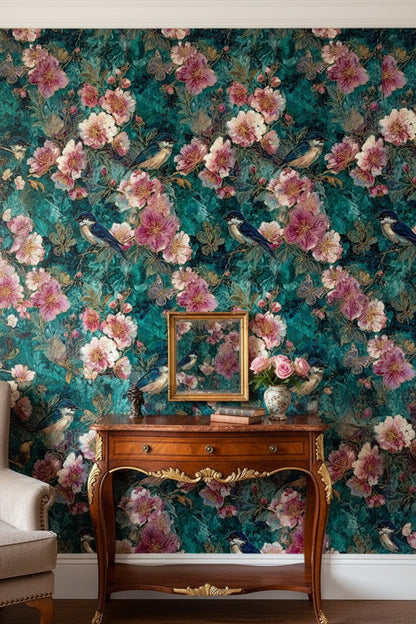 Teal and Blush Vintage Bird Floral Wallpaper
