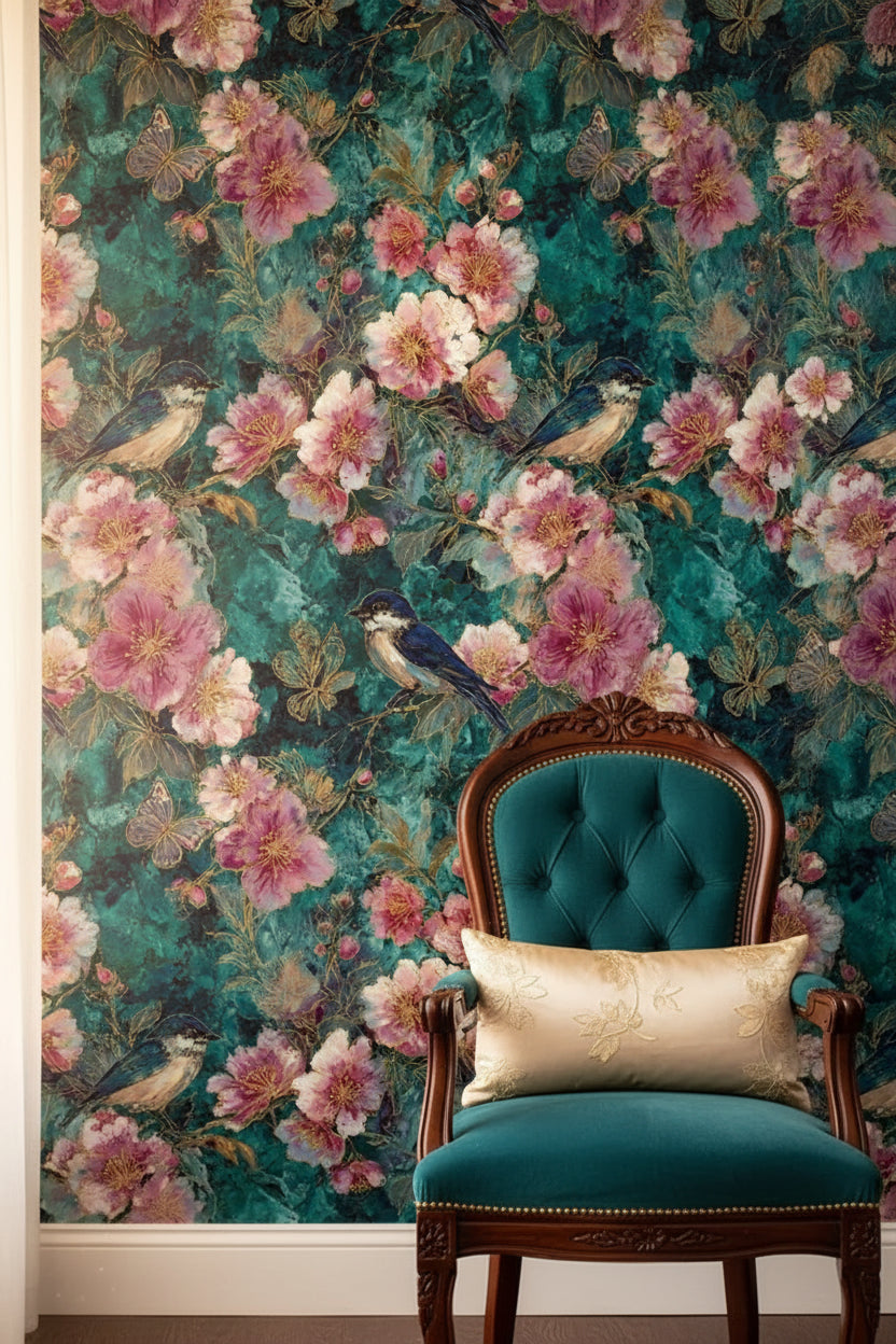 Teal and Blush Vintage Bird Floral Wallpaper