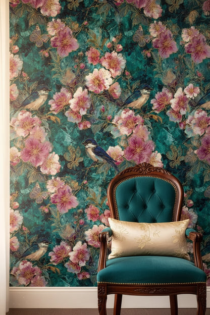 Teal and Blush Vintage Bird Floral Wallpaper