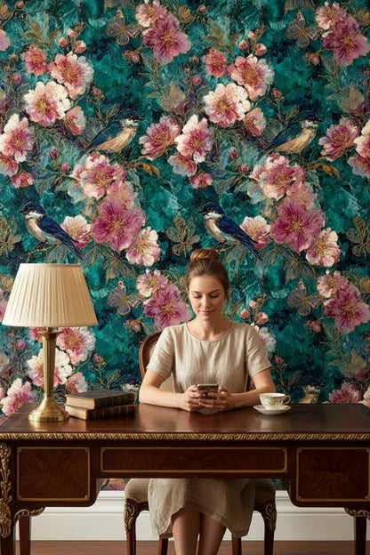 Teal and Blush Vintage Bird Floral Wallpaper