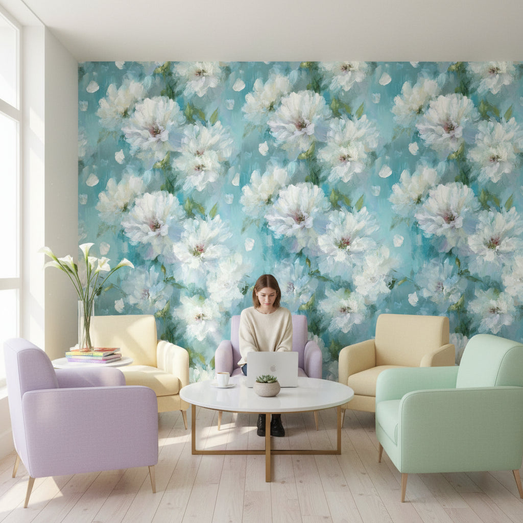 Aqua Blue White Blossom Floral Wallpaper