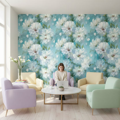 Aqua Blue White Blossom Floral Wallpaper