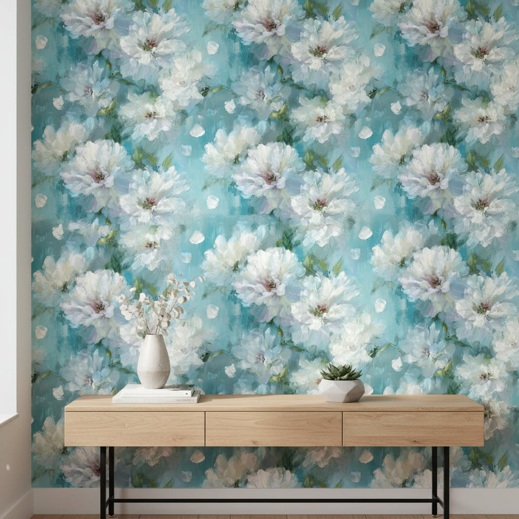 Aqua Blue White Blossom Floral Wallpaper