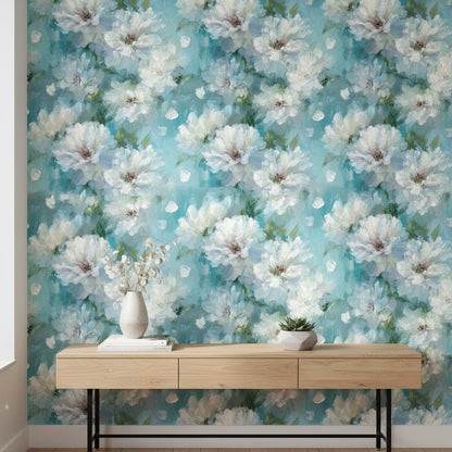 Aqua Blue White Blossom Floral Wallpaper
