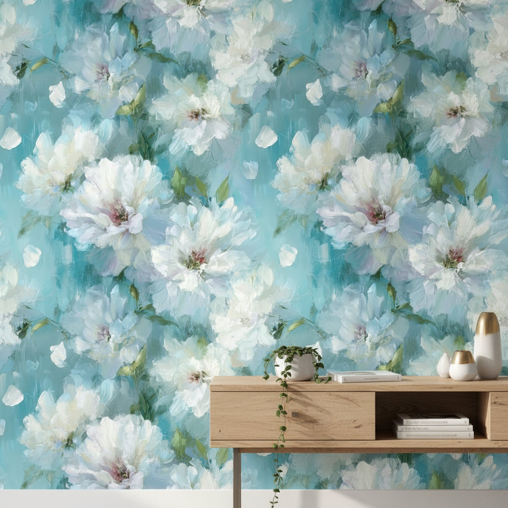 Aqua Blue White Blossom Floral Wallpaper