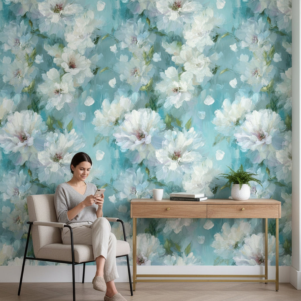 Aqua Blue White Blossom Floral Wallpaper