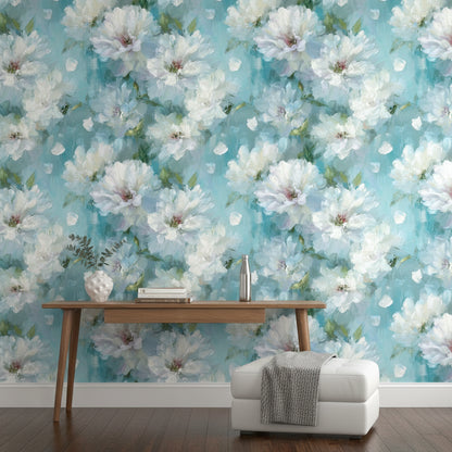 Aqua Blue White Blossom Floral Wallpaper
