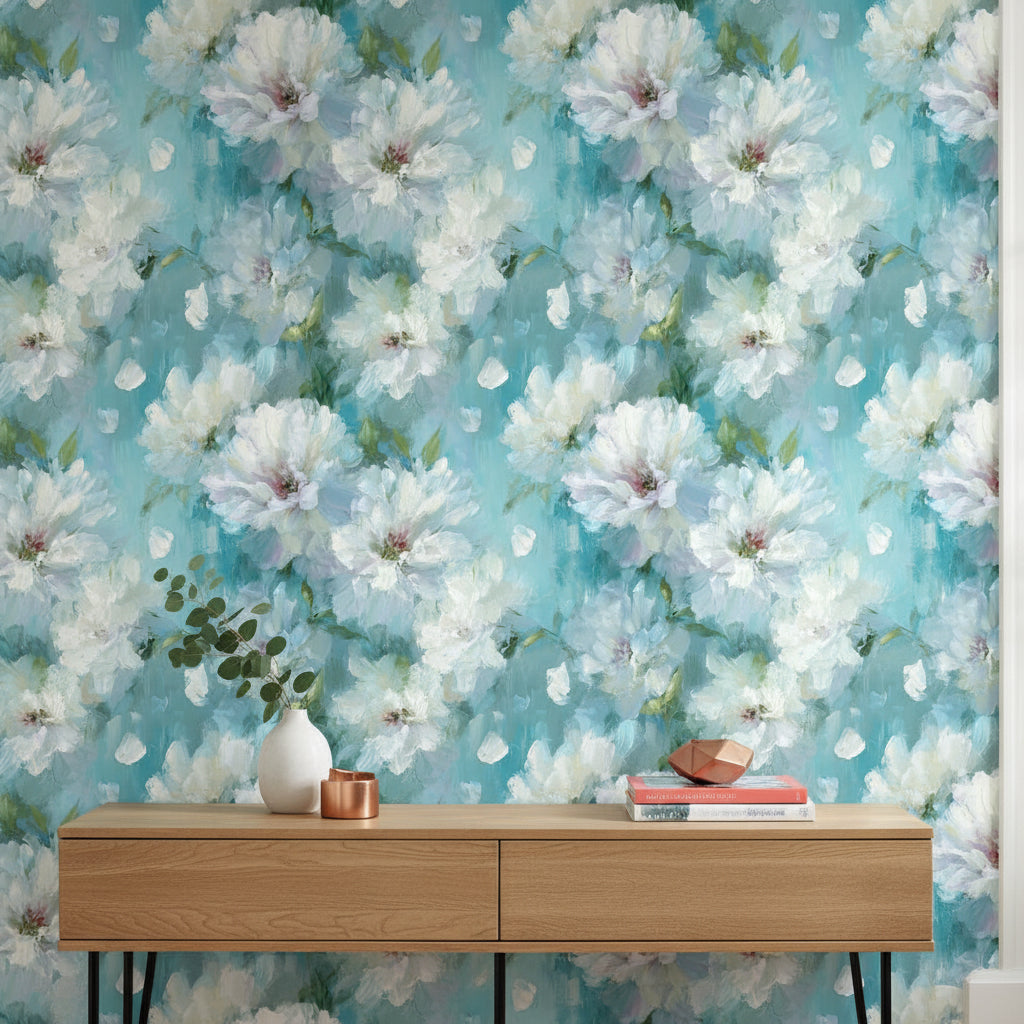 Aqua Blue White Blossom Floral Wallpaper