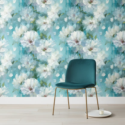 Aqua Blue White Blossom Floral Wallpaper