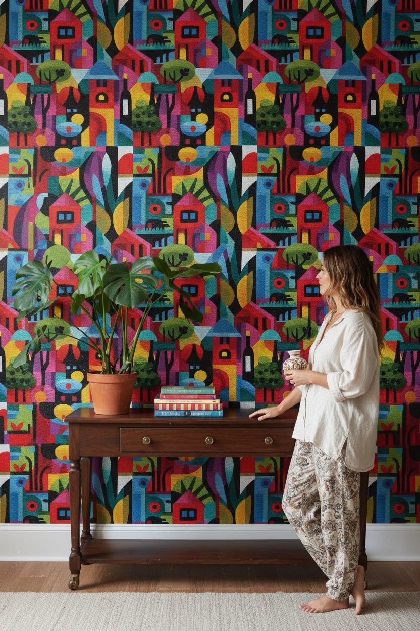 Vibrant Multicolor Abstract Village Wallpaper