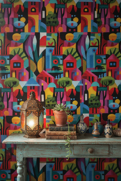 Vibrant Multicolor Abstract Village Wallpaper
