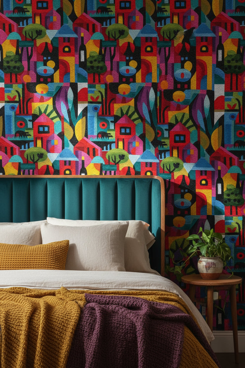 Vibrant Multicolor Abstract Village Wallpaper