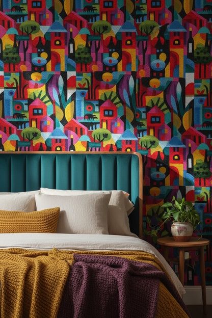 Vibrant Multicolor Abstract Village Wallpaper