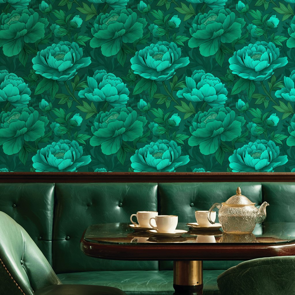 Emerald Green Large Peony Floral Wallpaper
