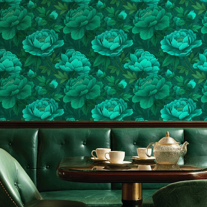Emerald Green Large Peony Floral Wallpaper