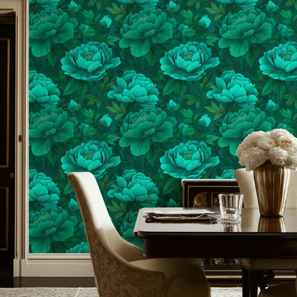 Emerald Green Large Peony Floral Wallpaper