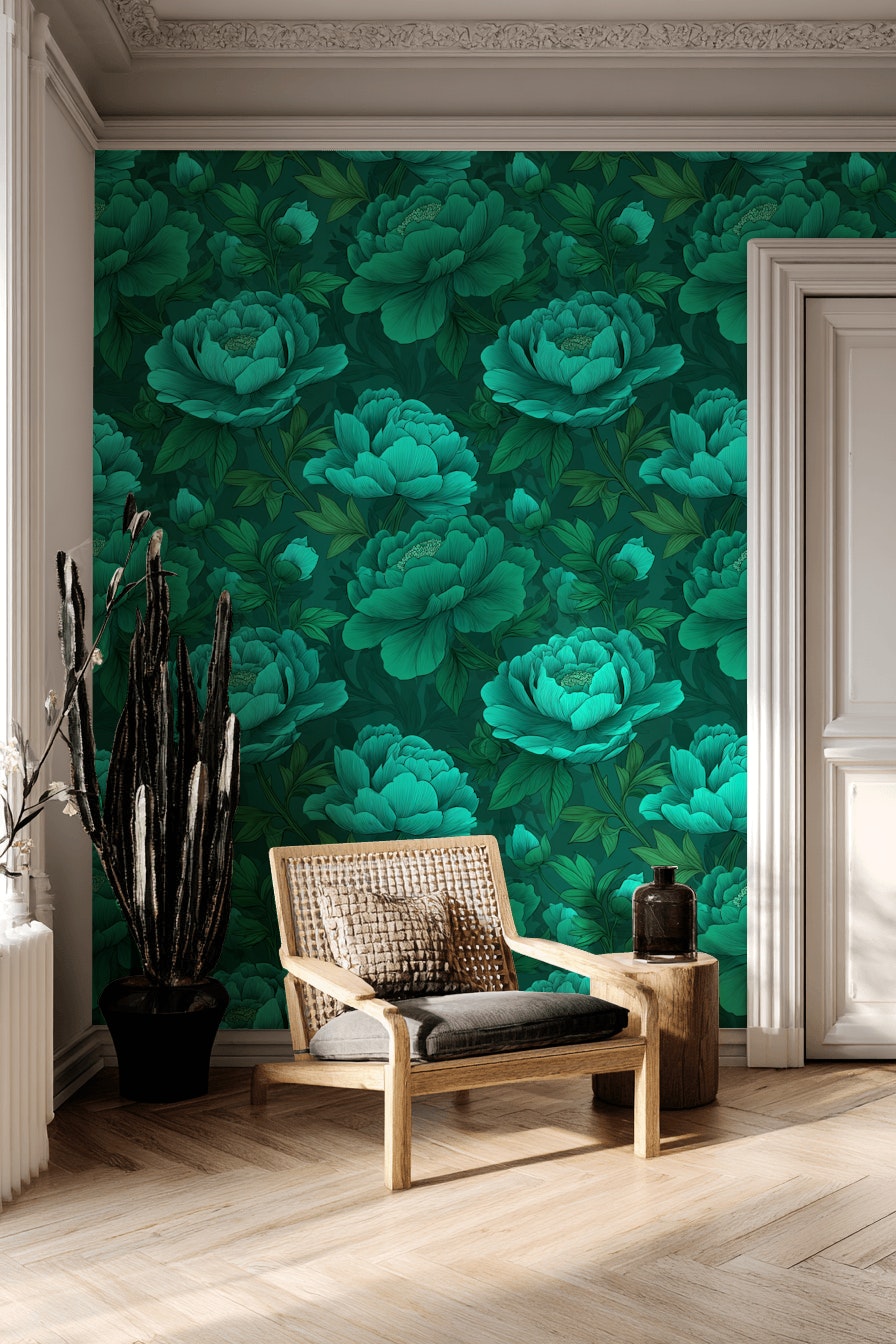 Emerald Green Large Peony Floral Wallpaper