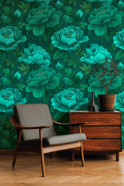 Emerald Green Large Peony Floral Wallpaper