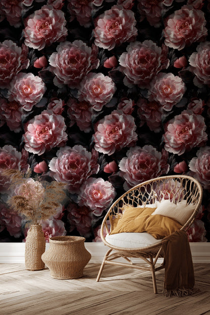 Dark Noir Pink Rose Floral Wallpaper