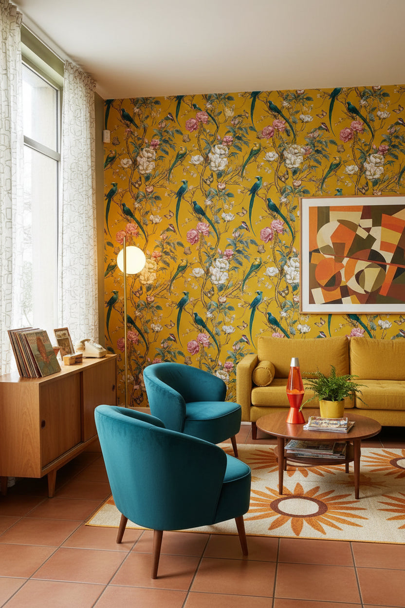 Golden Look Yellow Bird and Flower Chinoiserie Wallpaper