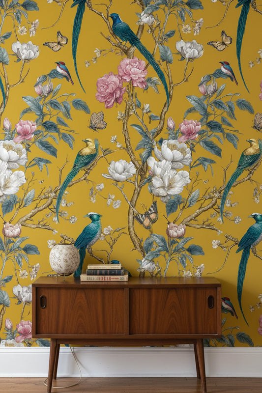 Golden Look Yellow Bird and Flower Chinoiserie Wallpaper