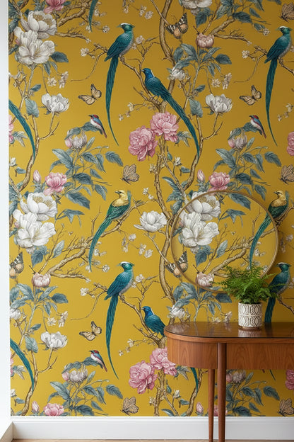 Golden Look Yellow Bird and Flower Chinoiserie Wallpaper