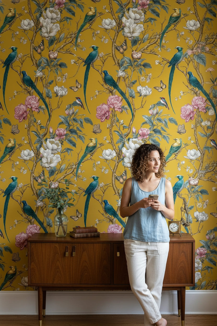 Golden Look Yellow Bird and Flower Chinoiserie Wallpaper