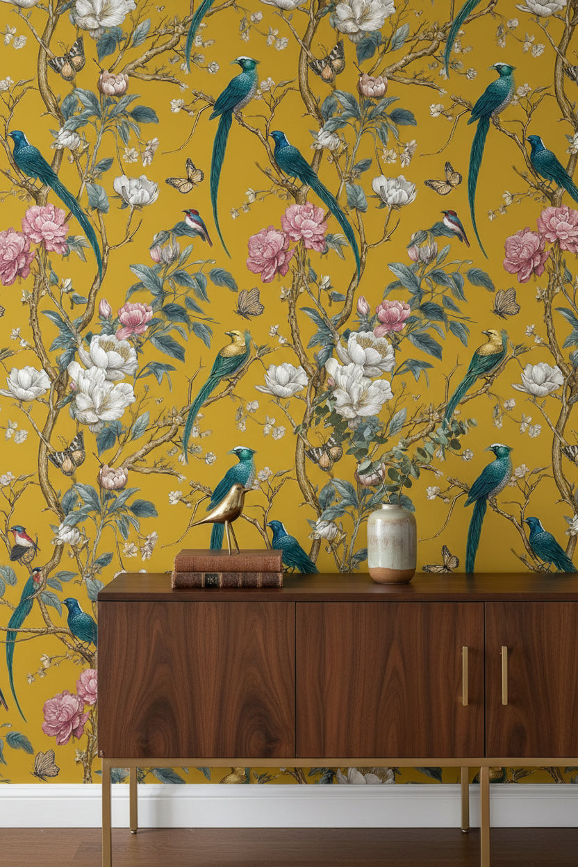 Golden Look Yellow Bird and Flower Chinoiserie Wallpaper