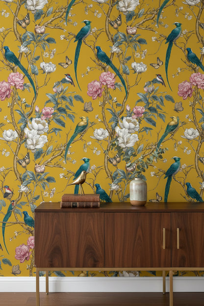 Golden Look Yellow Bird and Flower Chinoiserie Wallpaper