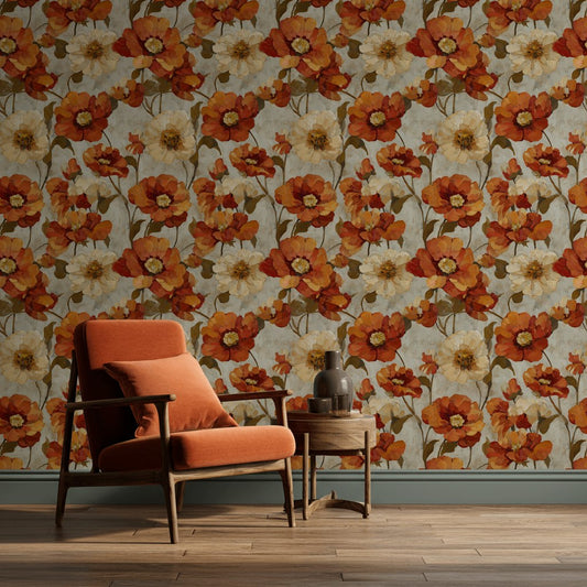 Warm Cream and Orange Poppy Floral Wallpaper