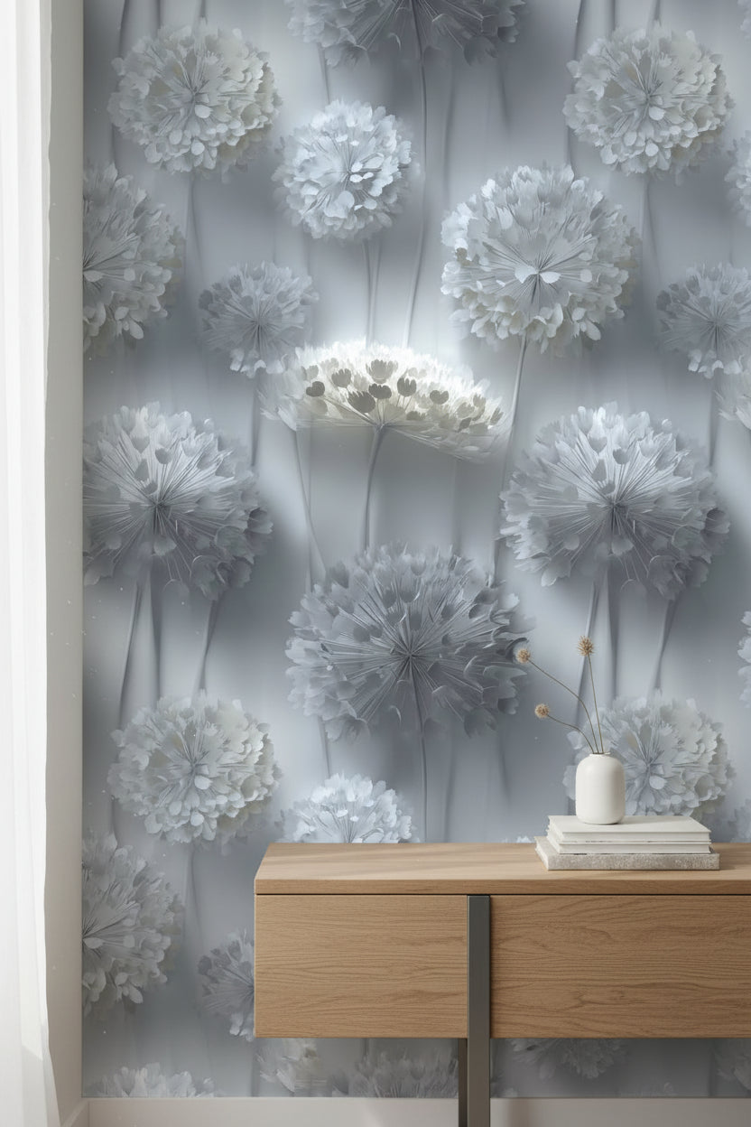 Soft Gray 3D Floral Bouquet Wallpaper