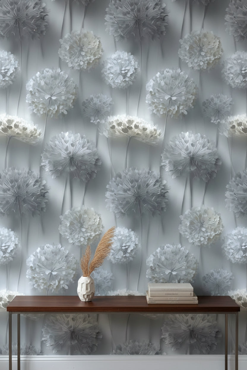 Soft Gray 3D Floral Bouquet Wallpaper