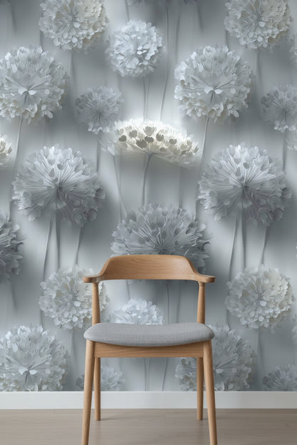 Soft Gray 3D Floral Bouquet Wallpaper
