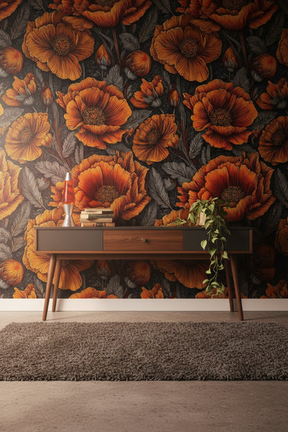 Vibrant Orange Poppy Floral Dark Wallpaper