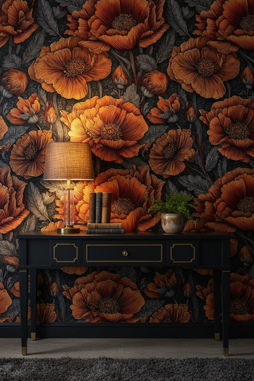 Vibrant Orange Poppy Floral Dark Wallpaper