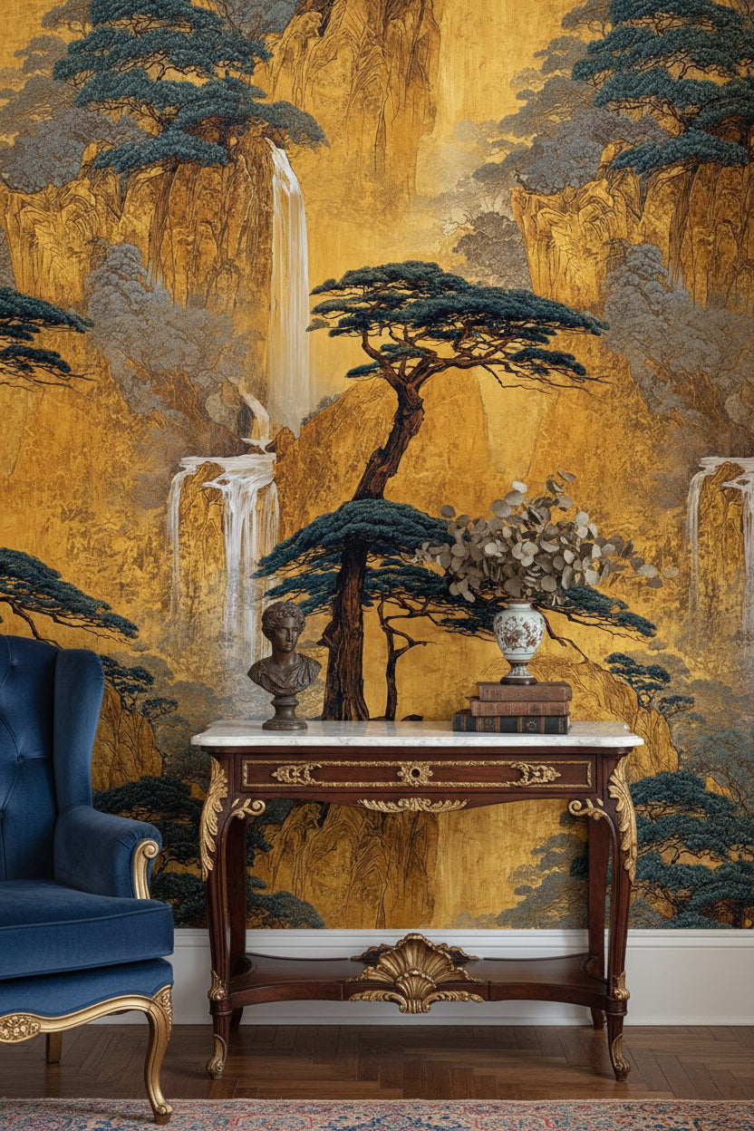 Golden Look Chinoiserie Waterfall Landscape Wallpaper