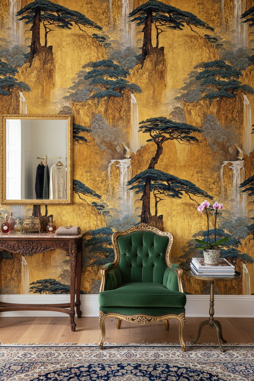 Golden Look Chinoiserie Waterfall Landscape Wallpaper