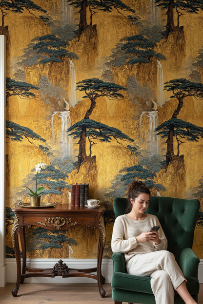 Golden Look Chinoiserie Waterfall Landscape Wallpaper