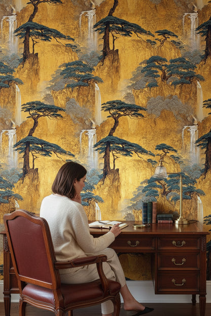 Golden Look Chinoiserie Waterfall Landscape Wallpaper
