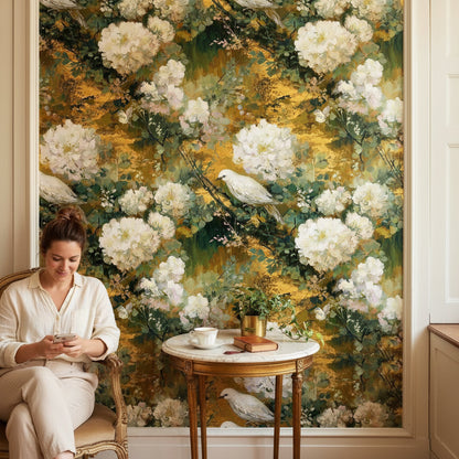 Gold Look Antique Floral with Birds Wallpaper