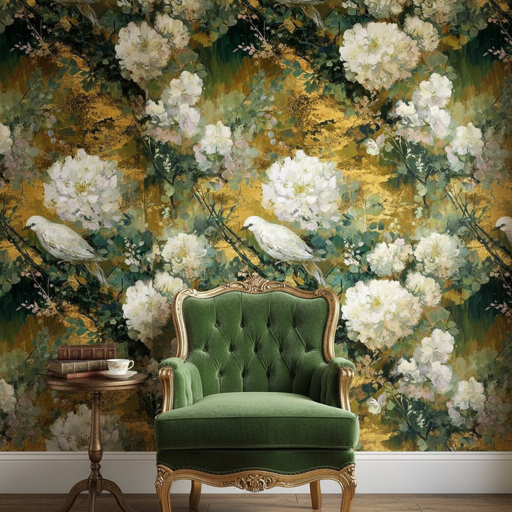 Gold Look Antique Floral with Birds Wallpaper