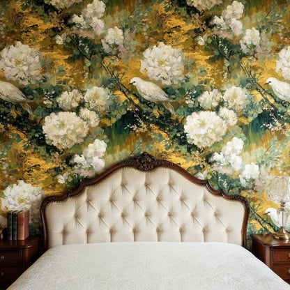 Gold Look Antique Floral with Birds Wallpaper