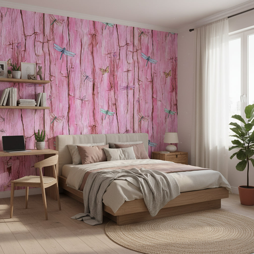 Rustic Pink Wood Texture with Dragonflies Wallpaper