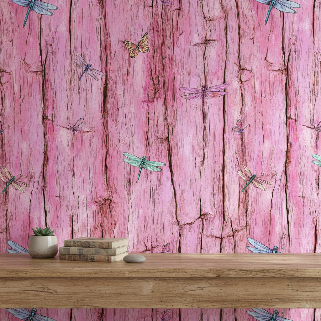 Rustic Pink Wood Texture with Dragonflies Wallpaper