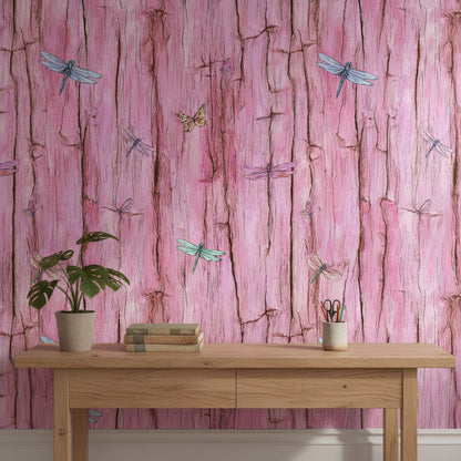 Rustic Pink Wood Texture with Dragonflies Wallpaper